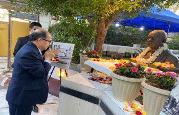 Dr. Ausaf Sayeed, Secretary (CPV & OIA) paid floral tribute at Mahatma Gandhi's Bust installed at Chancery premises.